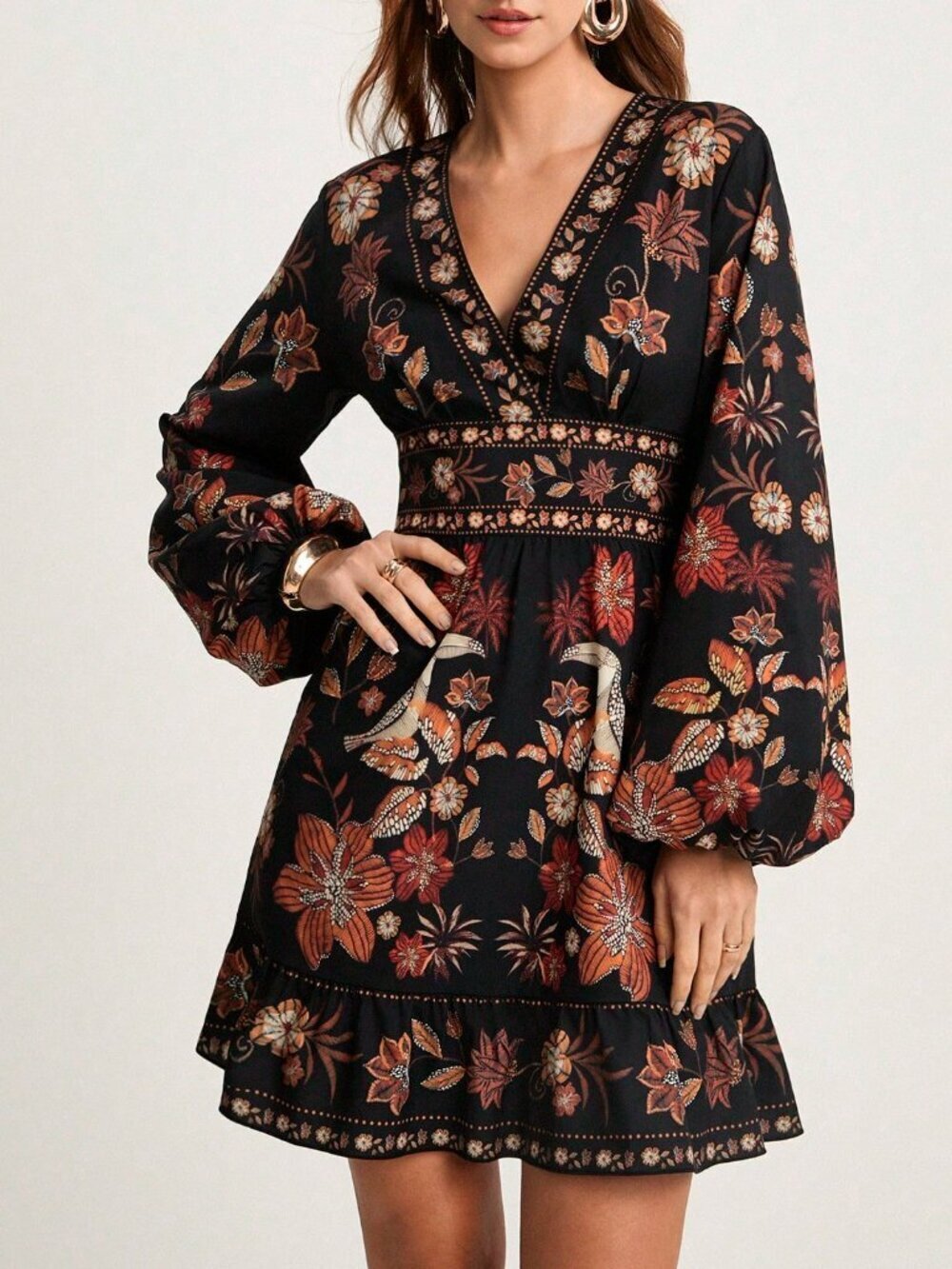 Multicolor Boho Women's Casual V-Neck Long Sleeve Floral Print Short Dress